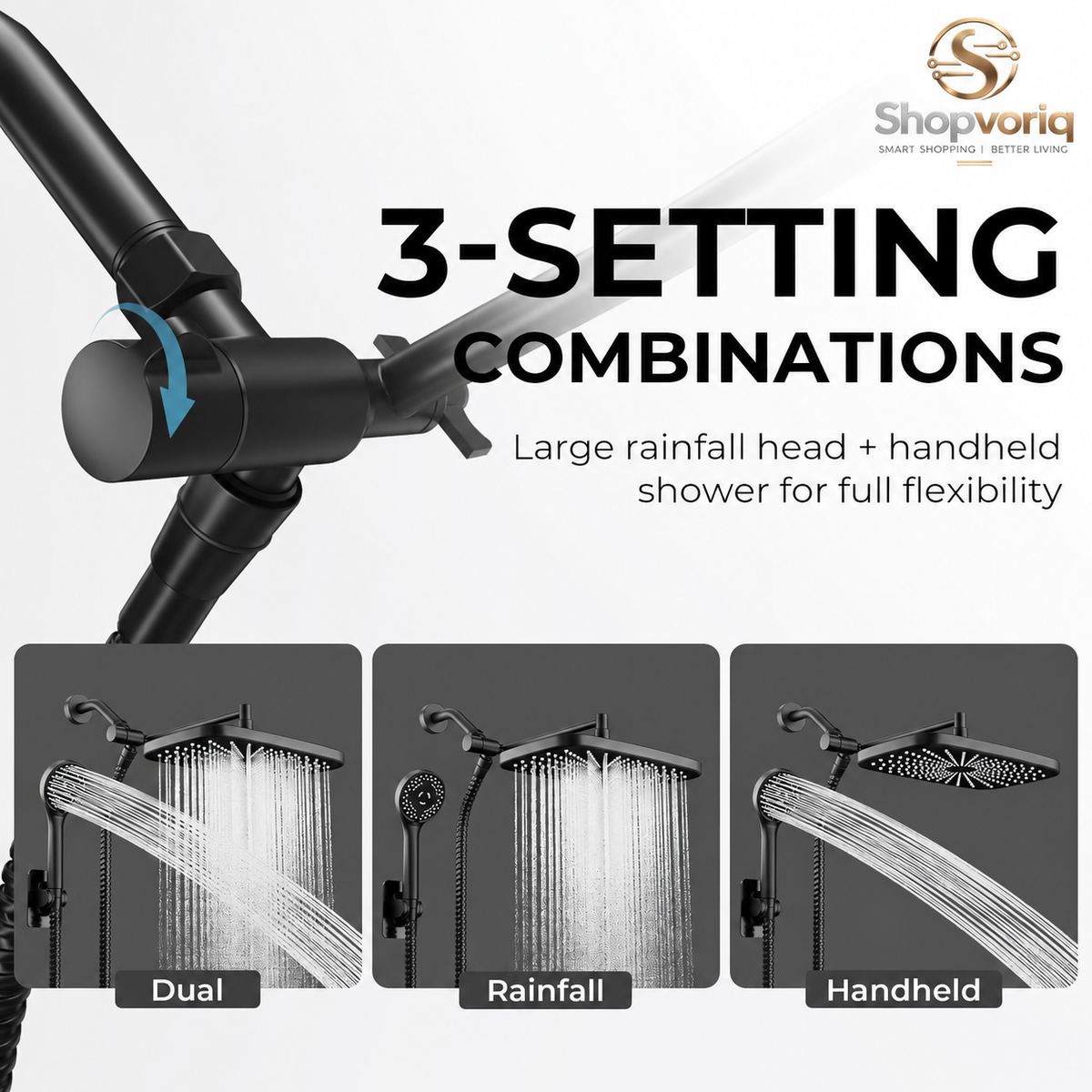 Premium Matte Black Rainfall Shower Head with Handheld – 5 Spray Modes