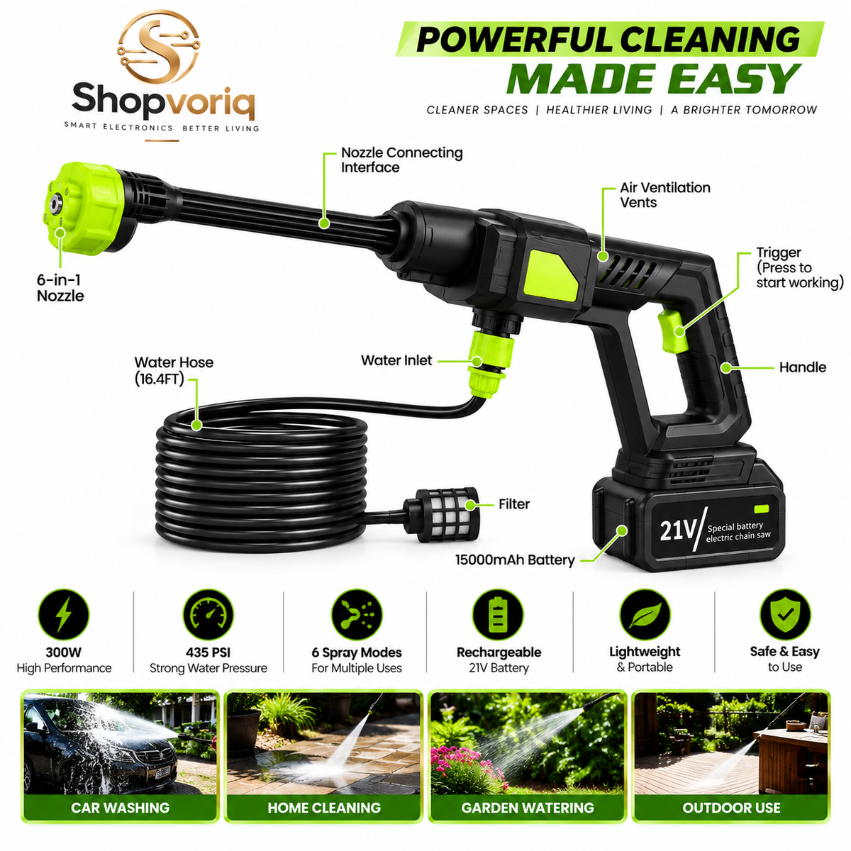 6-in-1 Cordless Power Washer – 300W, 435 PSI with 15000mAh Battery