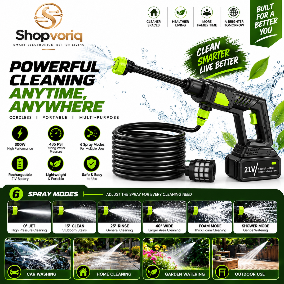6-in-1 Cordless Power Washer – 300W, 435 PSI with 15000mAh Battery